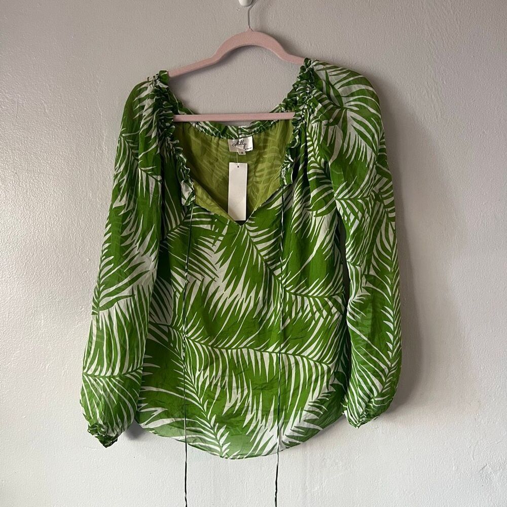 Milly of New York long-sleeve silk blouse green and white botanical palm leaf pr